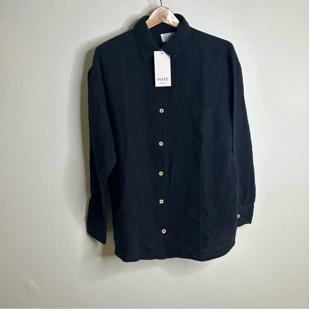 NWT MATE The Label 100% Organic Cotton Gauze Button Down Shirt in Black Size S